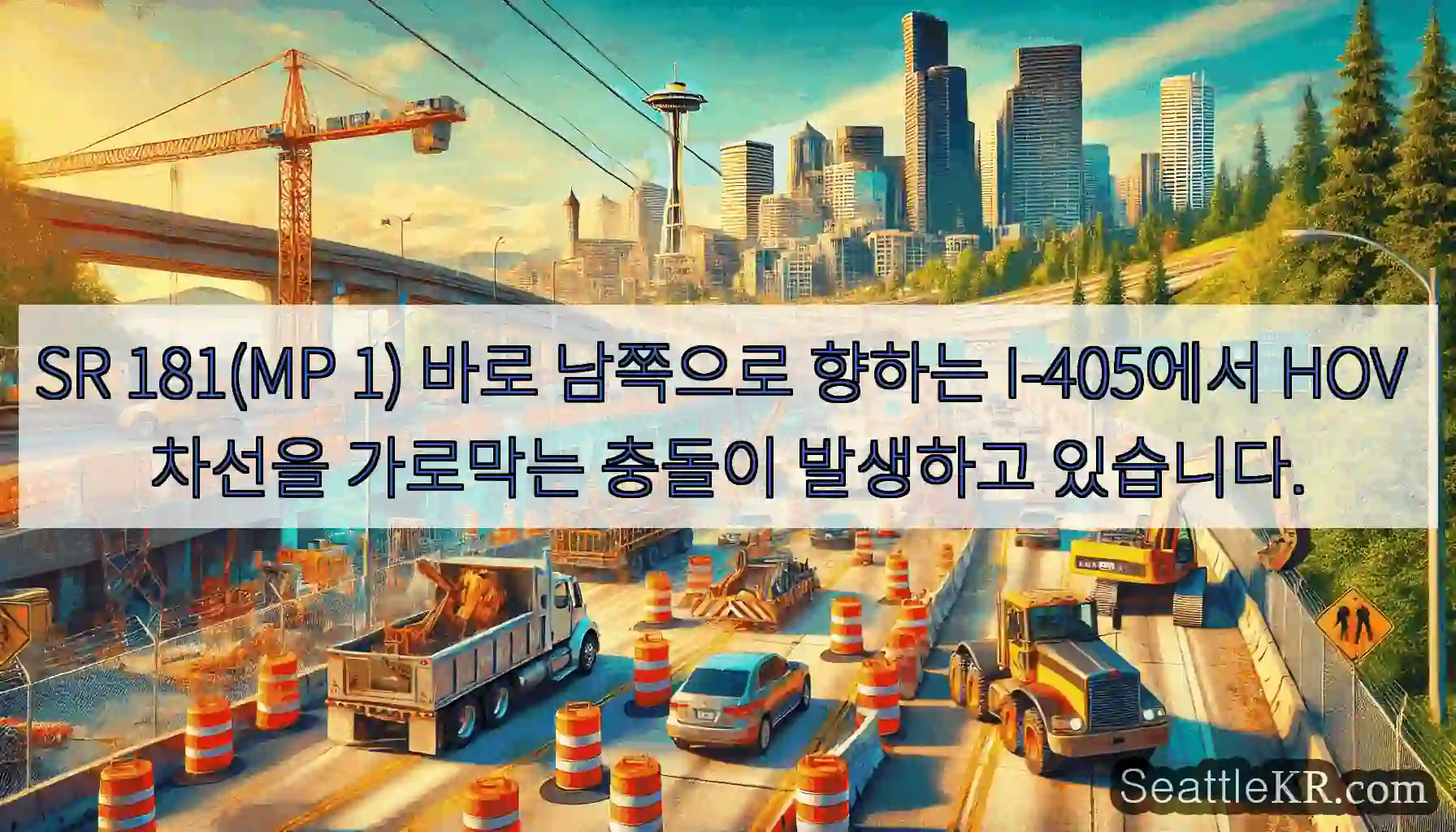SR 181(MP 1) 바로 남쪽으로 향하는 I-405에서 HOV 차선을 가로막는 충돌이