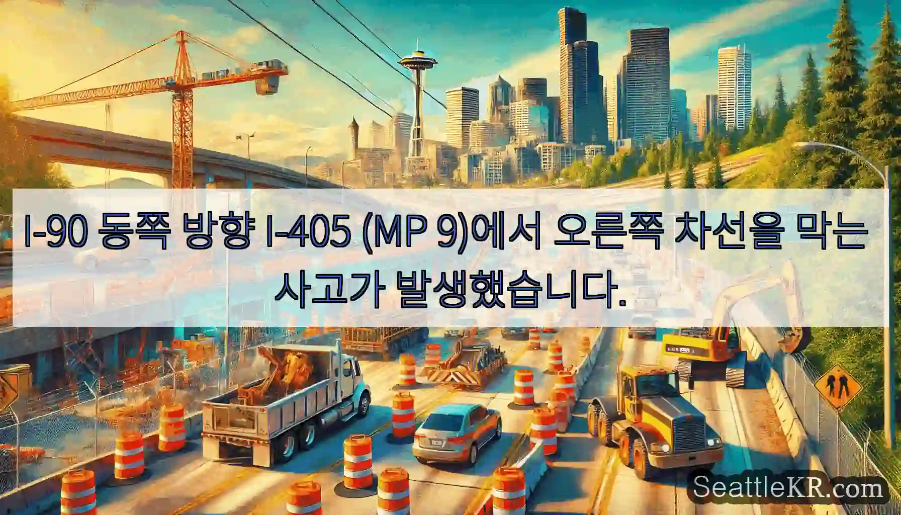 I-90 동쪽 방향 I-405 (MP 9)에서 오른쪽 차선을 막는 사고가 발생했습니다.