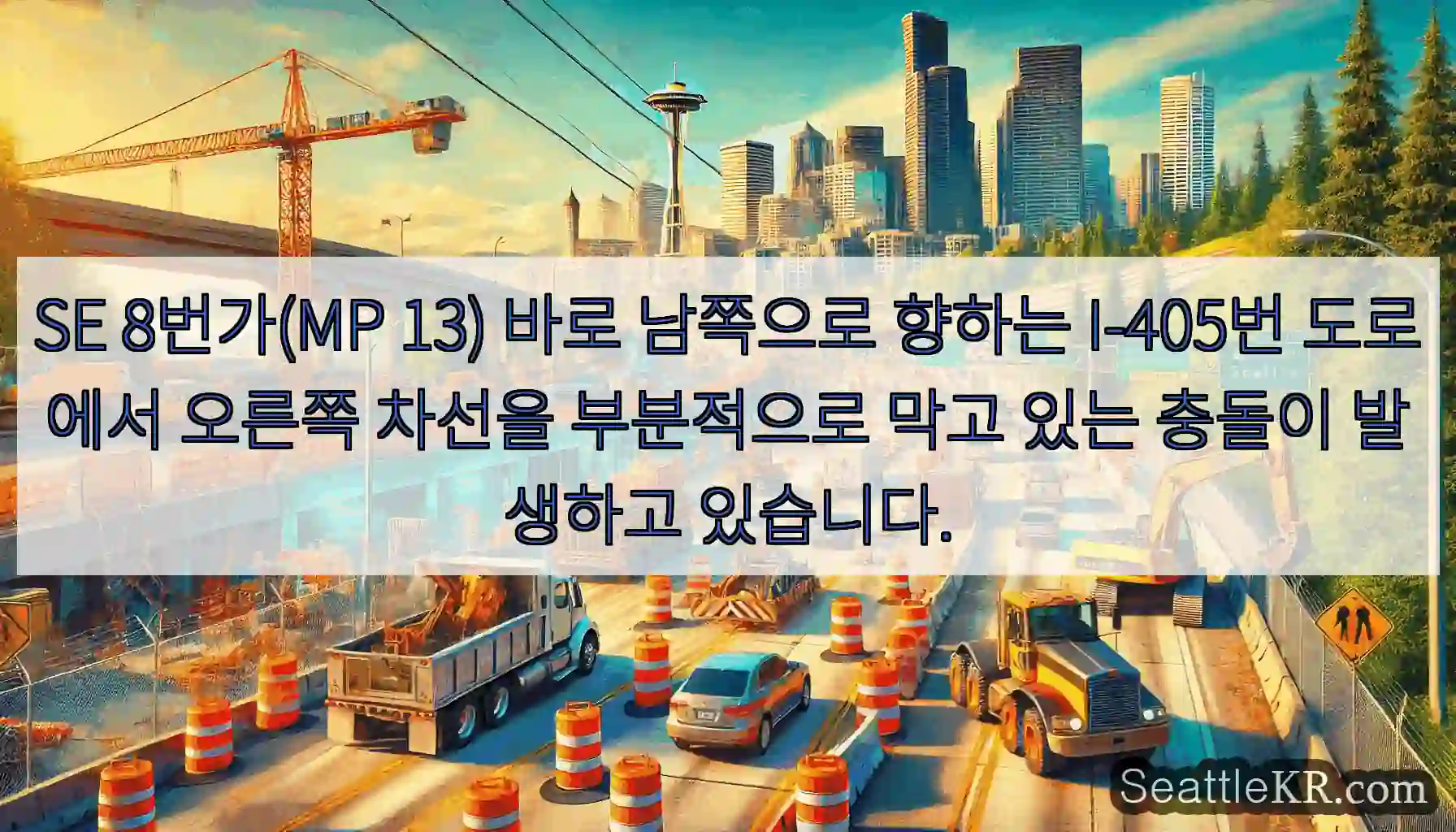 SE 8번가(MP 13) 바로 남쪽으로 향하는 I-405번 도로에서 오른쪽 차선을