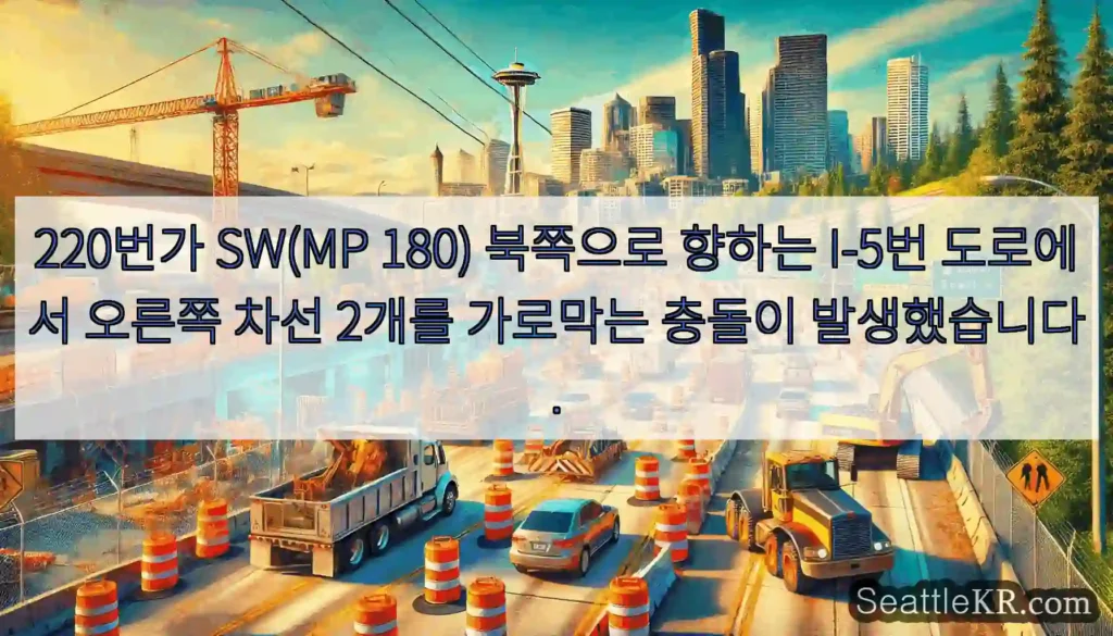 220번가 SW(MP 180) 북쪽으로 향하는 I-5번 도로에서 오른쪽 차선 2개를