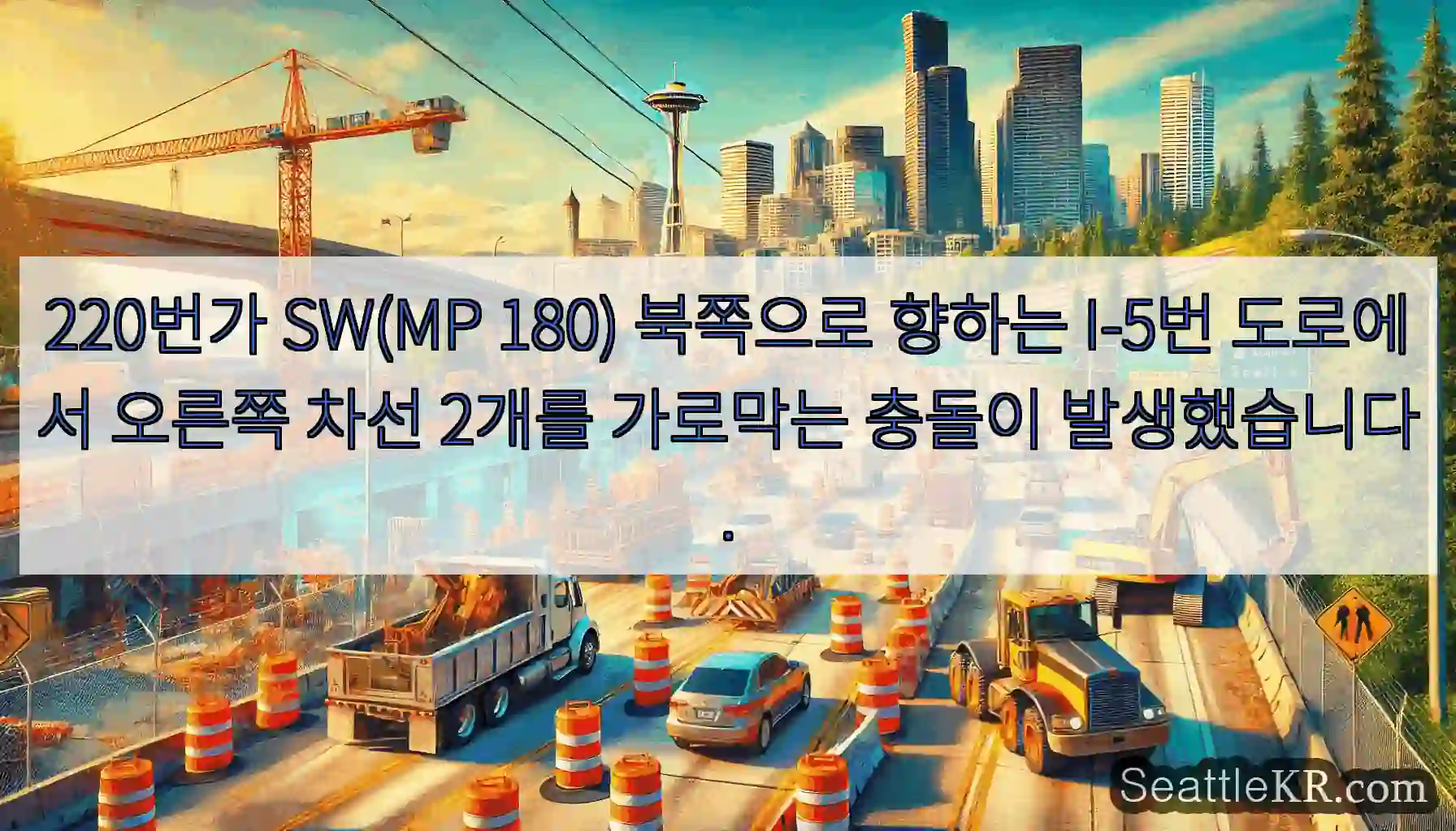 220번가 SW(MP 180) 북쪽으로 향하는 I-5번 도로에서 오른쪽 차선 2개를
