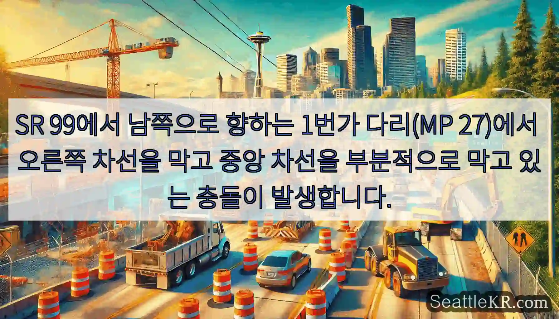 SR 99에서 남쪽으로 향하는 1번가 다리(MP 27)에서 오른쪽 차선을 막고 중앙