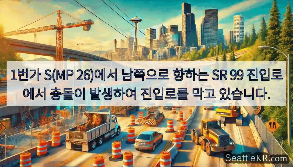 1번가 S(MP 26)에서 남쪽으로 향하는 SR 99 진입로에서 충돌이 발생하여 진입로를