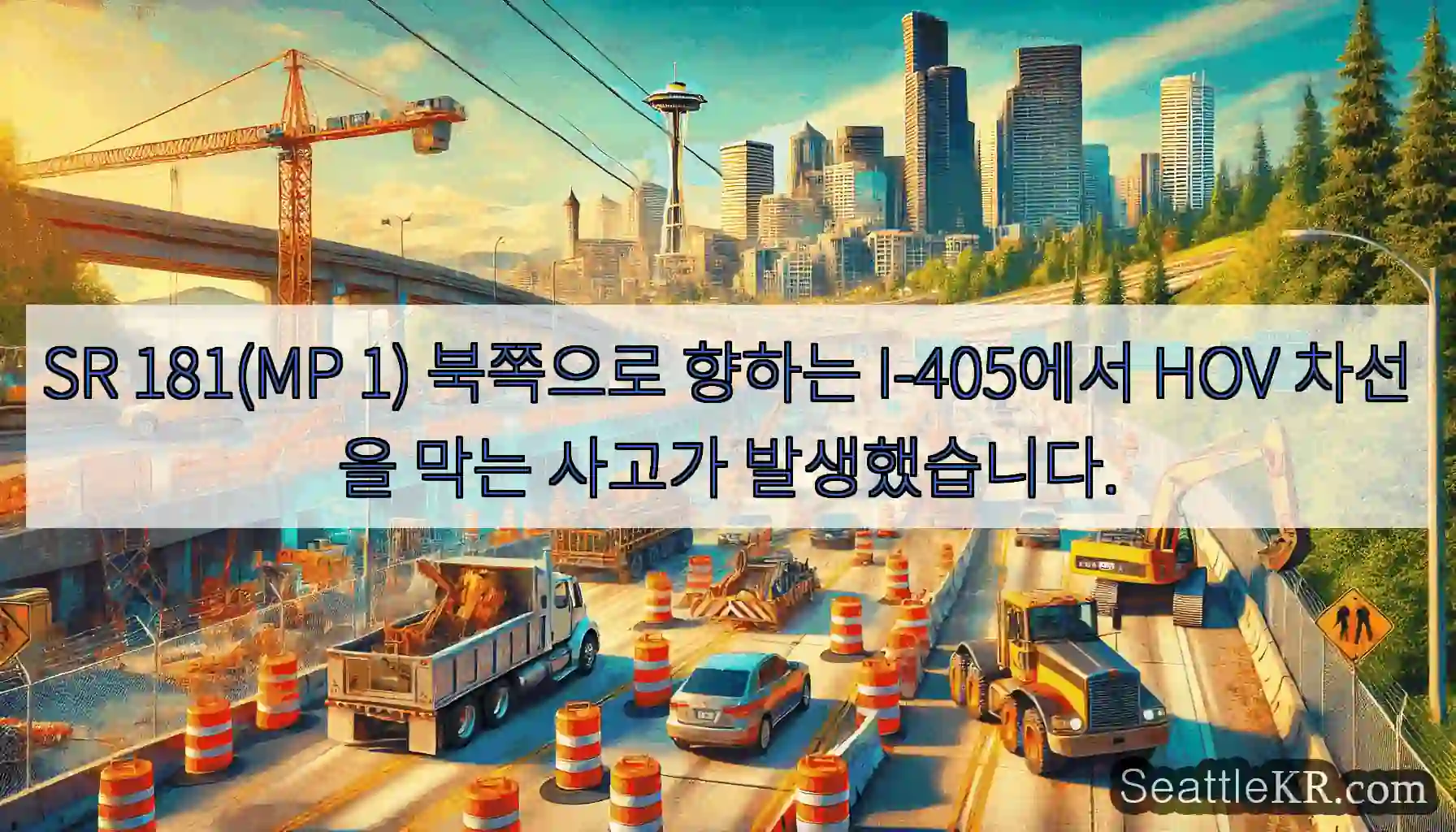 SR 181(MP 1) 북쪽으로 향하는 I-405에서 HOV 차선을 막는 사고가