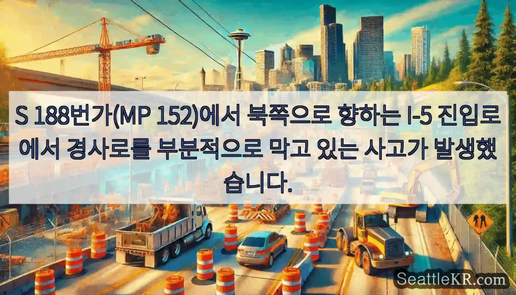 S 188번가(MP 152)에서 북쪽으로 향하는 I-5 진입로에서 경사로를 부분적으로