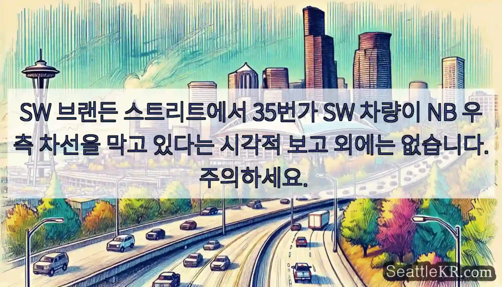 SW 브랜든 스트리트에서 35번가 SW 차량이 NB 우측 차선을 막고 있다는 시각적 보고