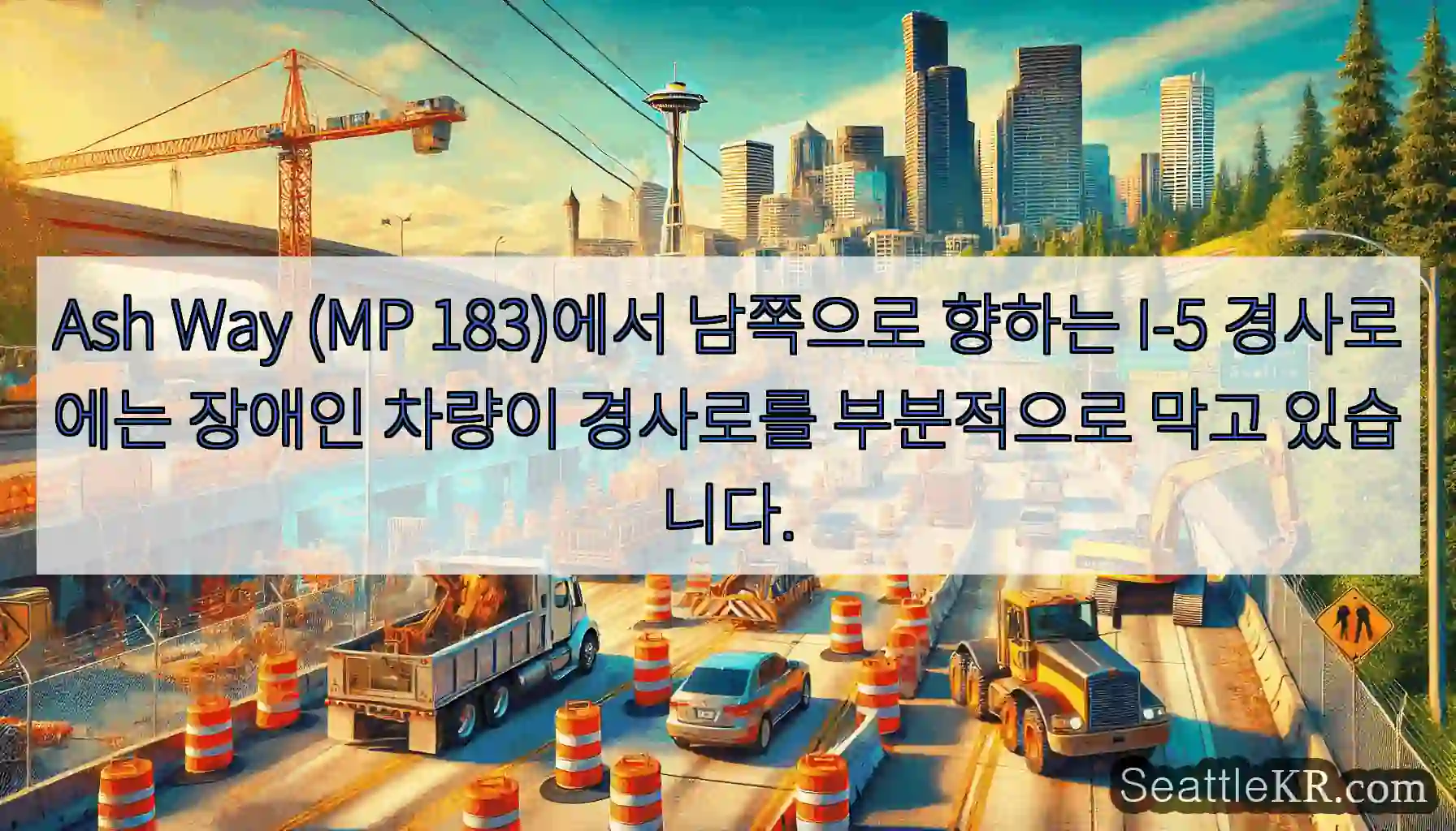 Ash Way (MP 183)에서 남쪽으로 향하는 I-5 경사로에는 장애인 차량이