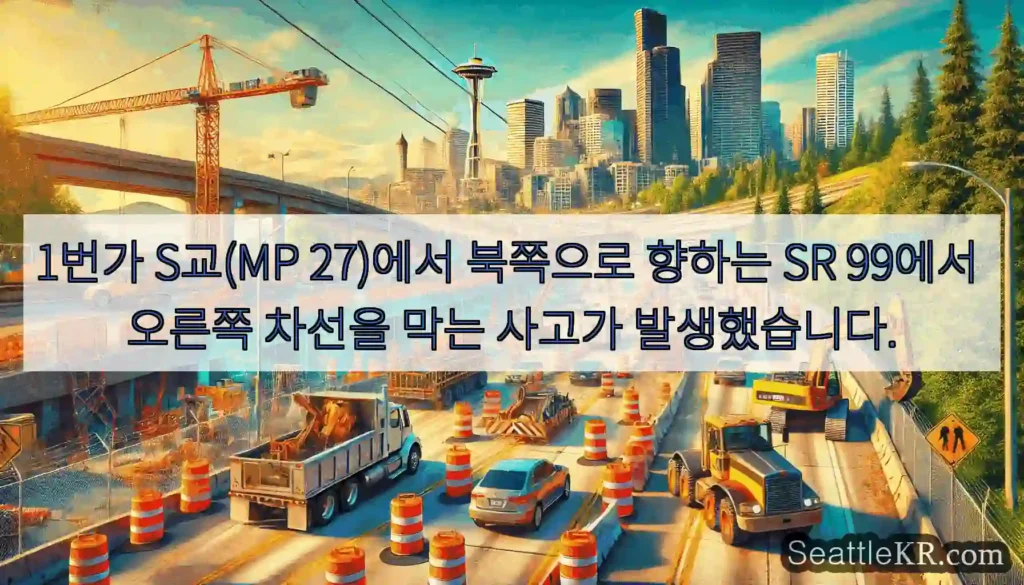 1번가 S교(MP 27)에서 북쪽으로 향하는 SR 99에서 오른쪽 차선을 막는 사고가