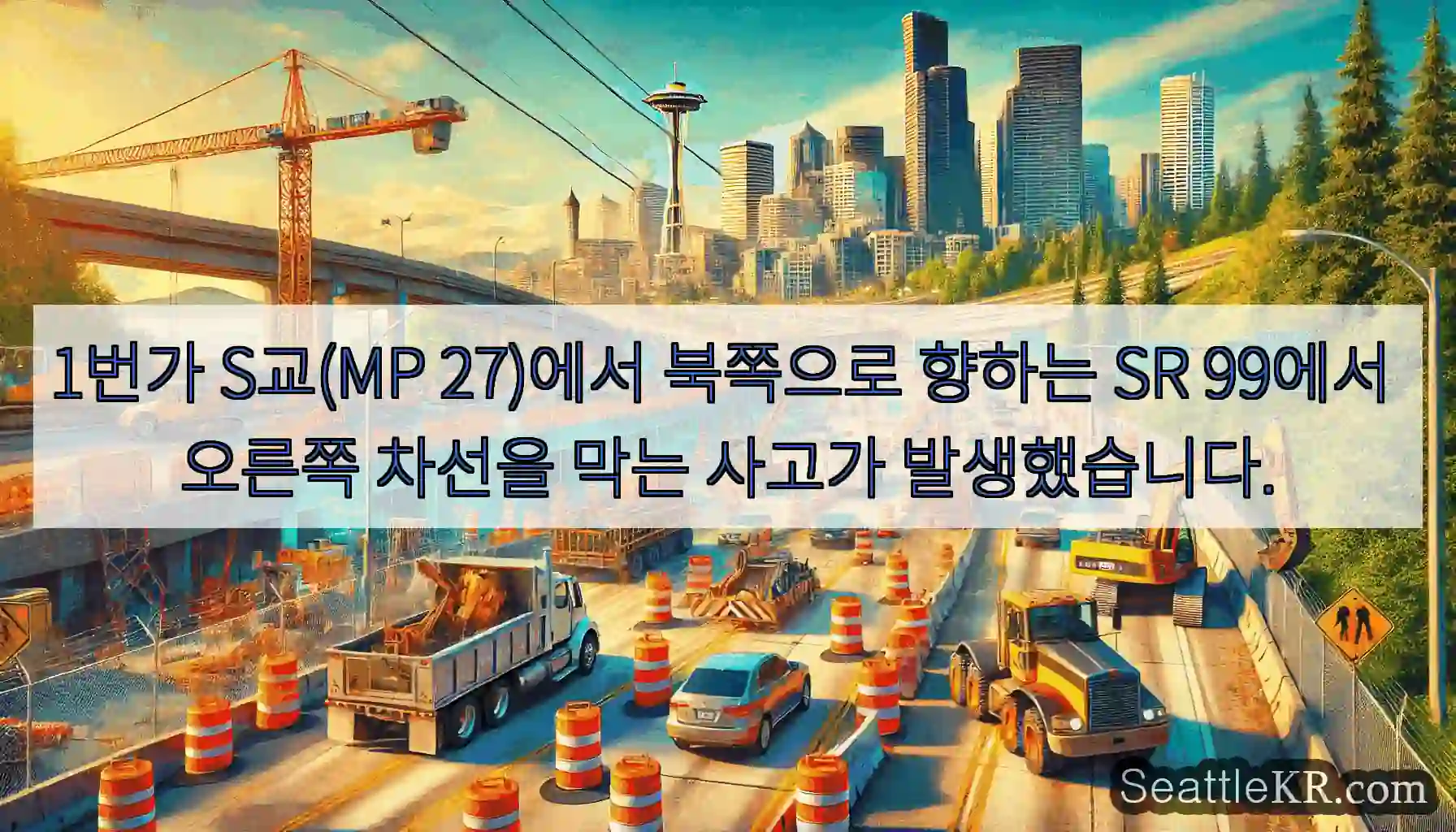 1번가 S교(MP 27)에서 북쪽으로 향하는 SR 99에서 오른쪽 차선을 막는 사고가