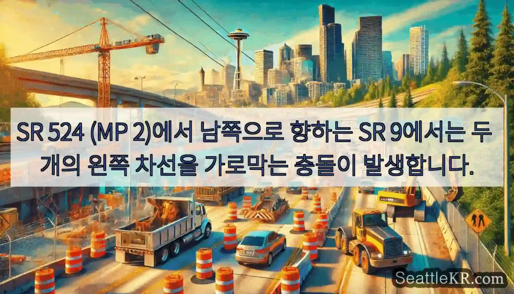 SR 524 (MP 2)에서 남쪽으로 향하는 SR 9에서는 두 개의 왼쪽 차선을 가로막는