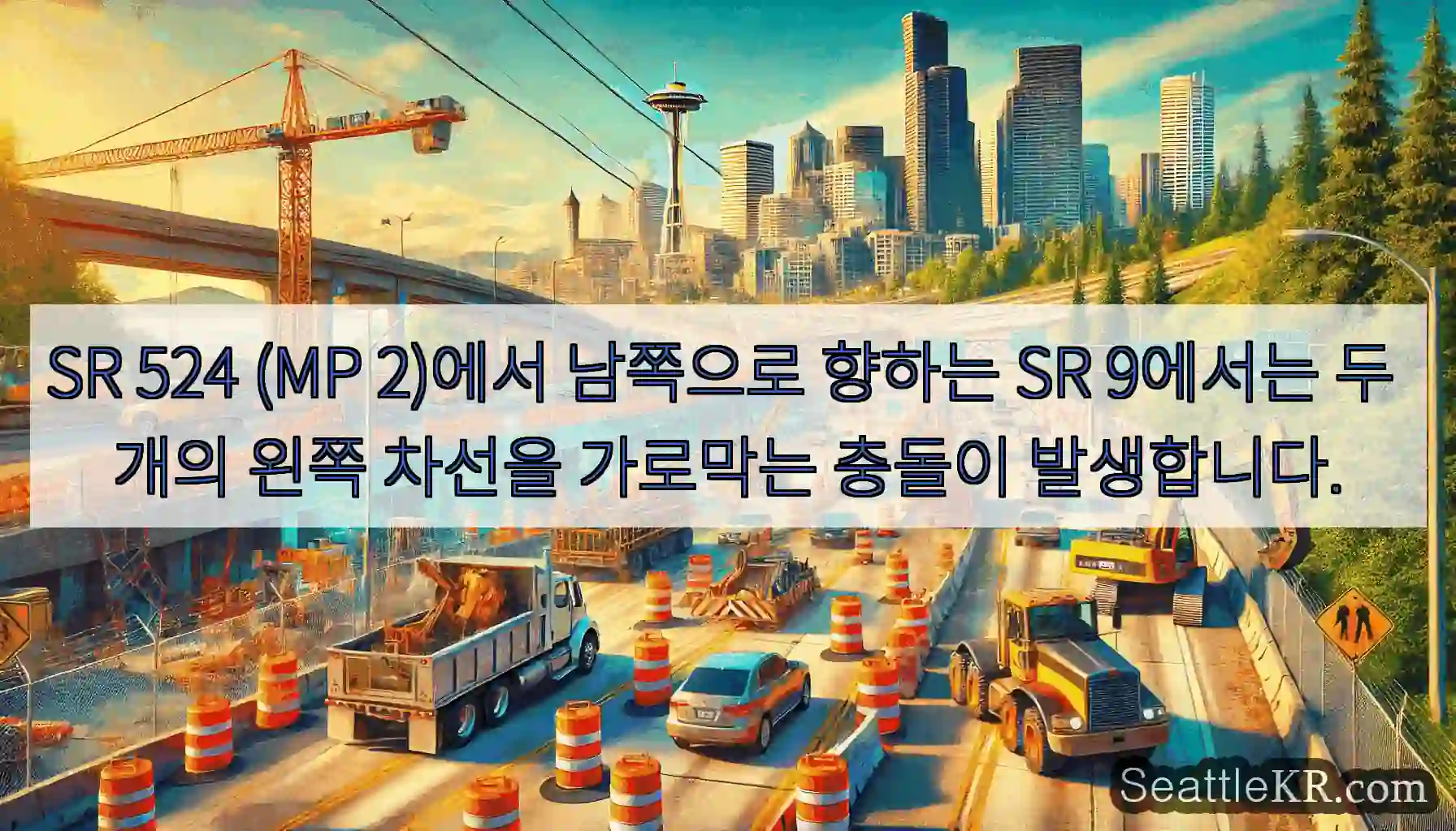 SR 524 (MP 2)에서 남쪽으로 향하는 SR 9에서는 두 개의 왼쪽 차선을 가로막는
