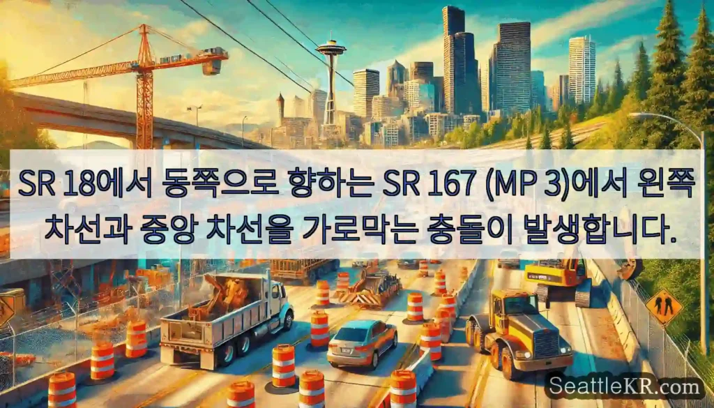 SR 18에서 동쪽으로 향하는 SR 167 (MP 3)에서 왼쪽 차선과 중앙 차선을