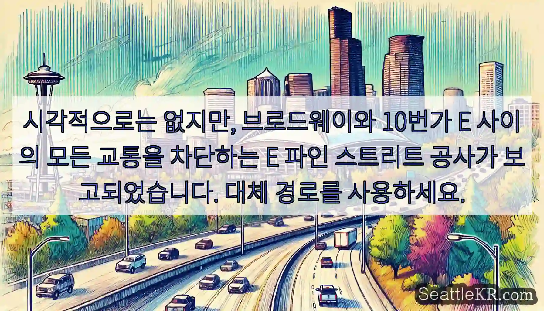 시각적으로는 없지만, 브로드웨이와 10번가 E 사이의 모든 교통을 차단하는 E 파인