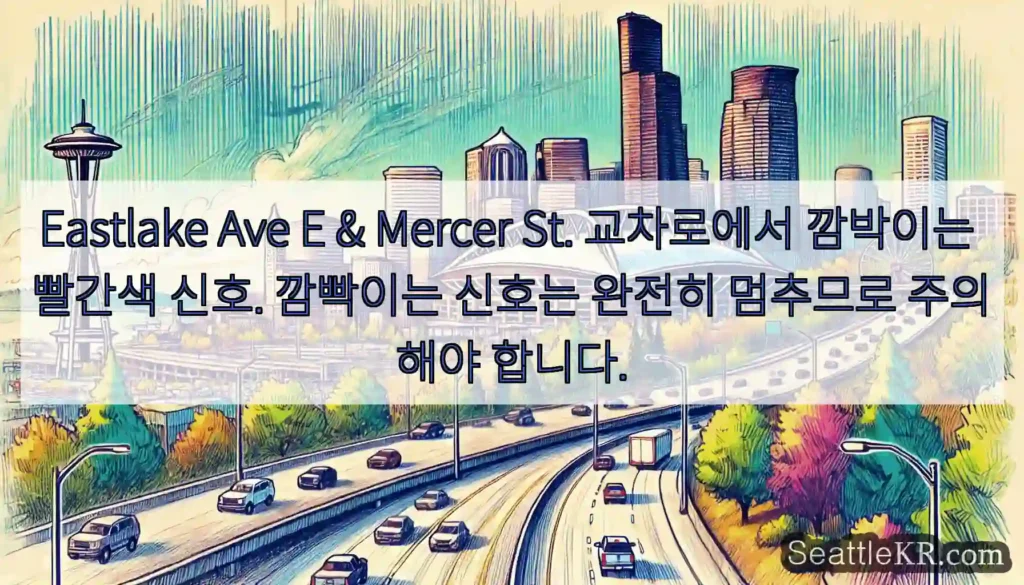 Eastlake Ave E & Mercer St. 교차로에서 깜박이는 빨간색 신호.