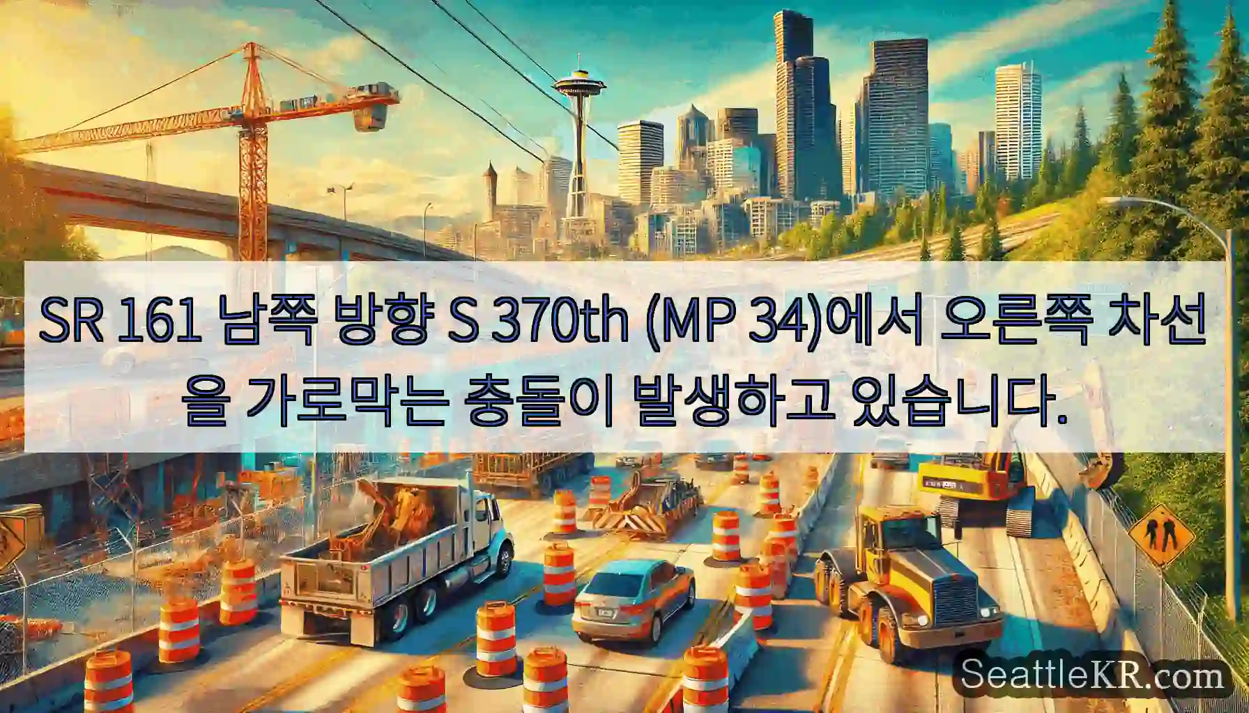 SR 161 남쪽 방향 S 370th (MP 34)에서 오른쪽 차선을 가로막는 충돌이
