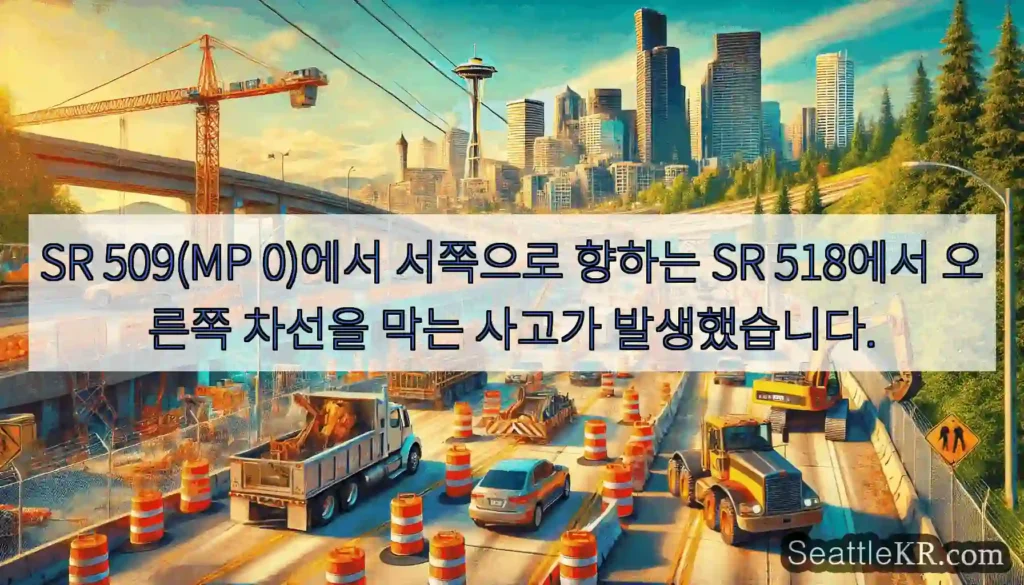 SR 509(MP 0)에서 서쪽으로 향하는 SR 518에서 오른쪽 차선을 막는 사고가