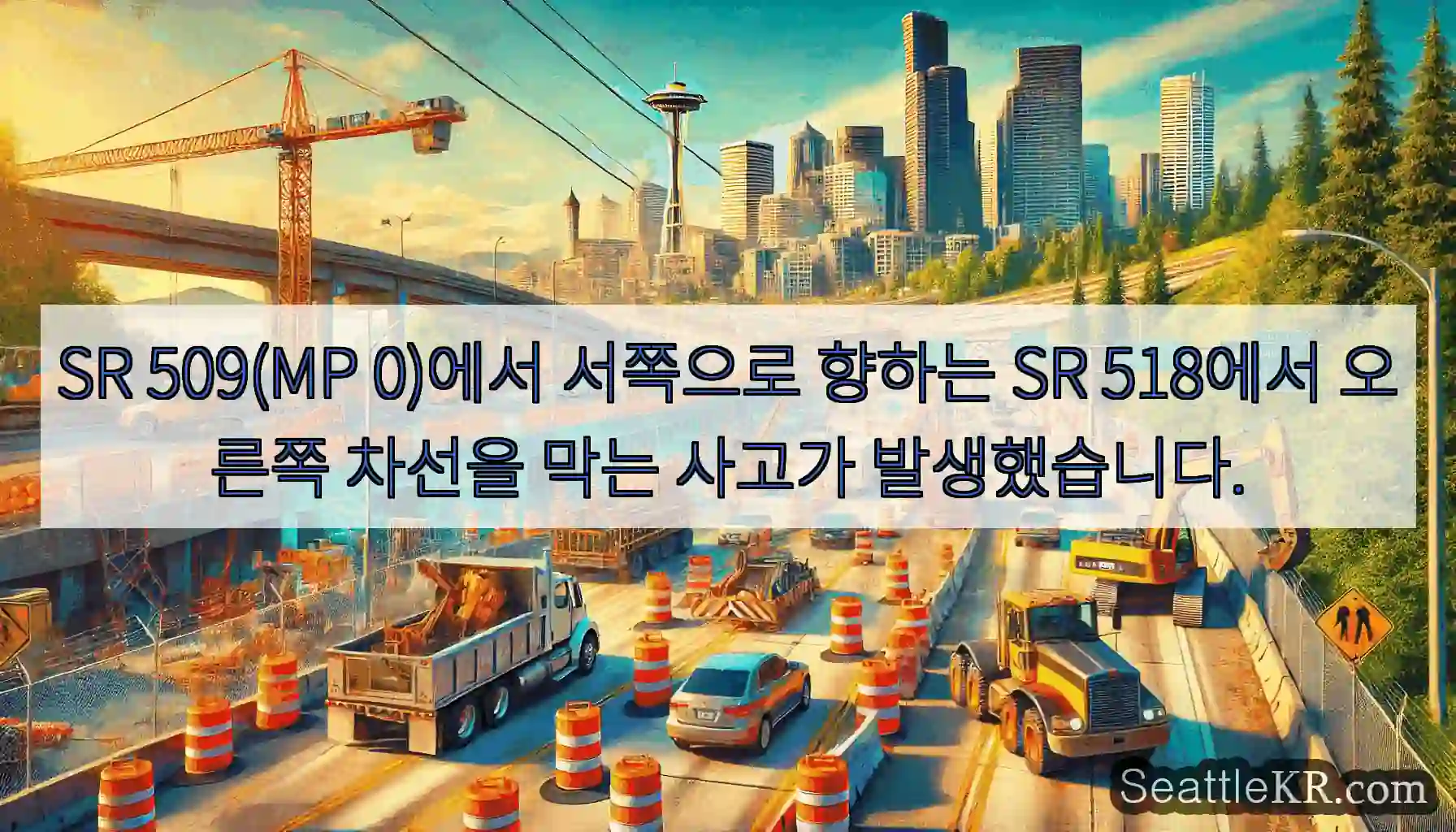 SR 509(MP 0)에서 서쪽으로 향하는 SR 518에서 오른쪽 차선을 막는 사고가
