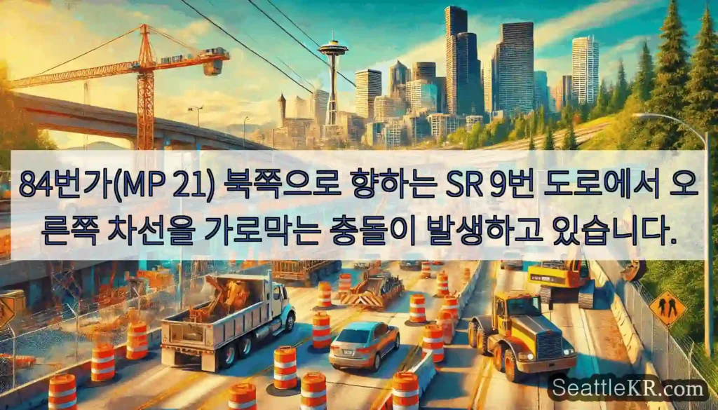 84번가(MP 21) 북쪽으로 향하는 SR 9번 도로에서 오른쪽 차선을 가로막는 충돌이