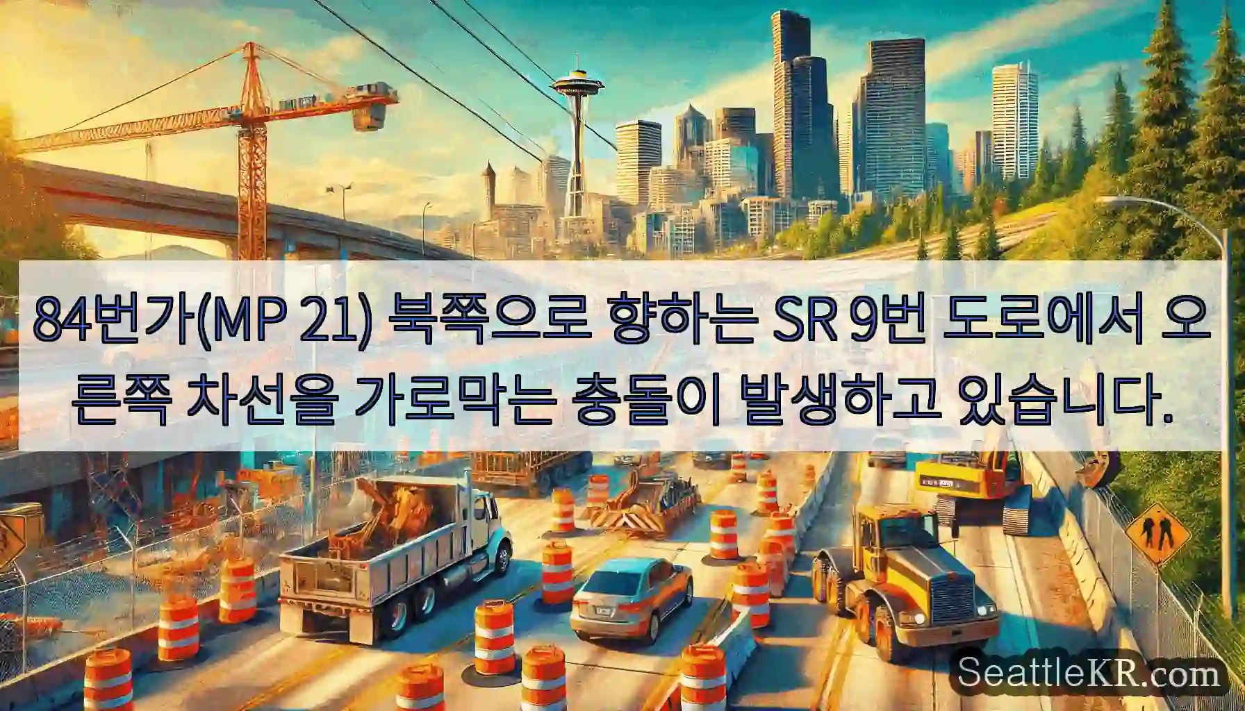 84번가(MP 21) 북쪽으로 향하는 SR 9번 도로에서 오른쪽 차선을 가로막는 충돌이