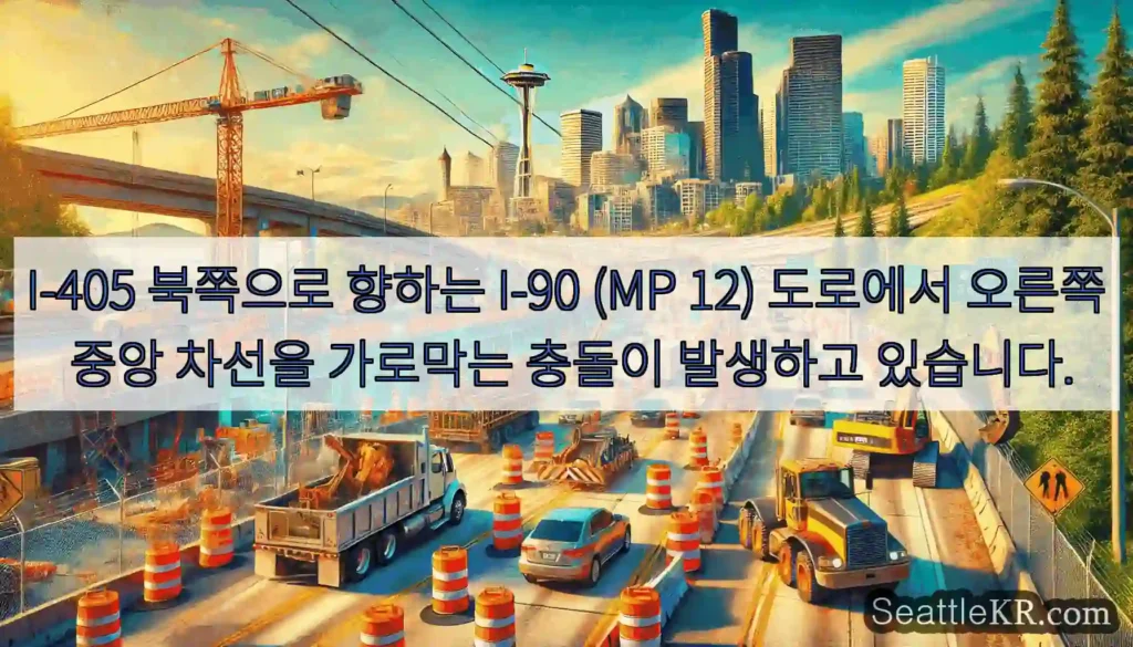 I-405 북쪽으로 향하는 I-90 (MP 12) 도로에서 오른쪽 중앙 차선을 가로막는