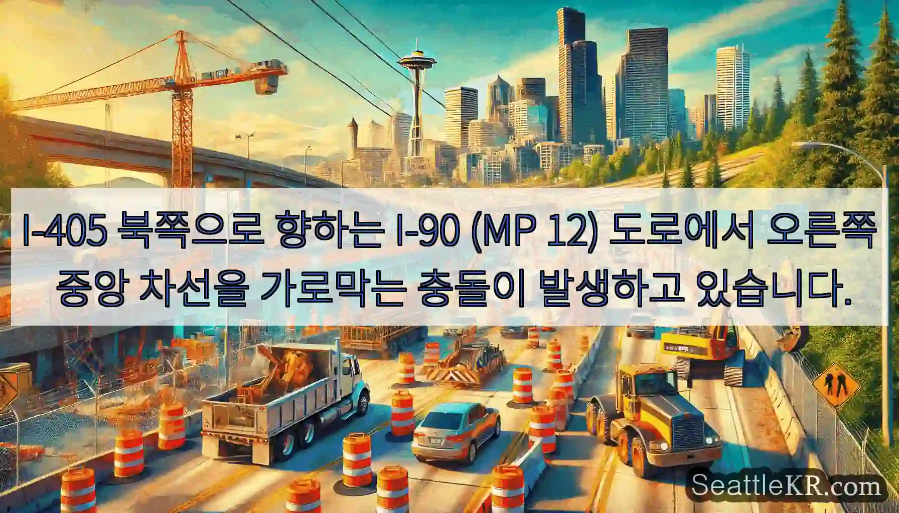 I-405 북쪽으로 향하는 I-90 (MP 12) 도로에서 오른쪽 중앙 차선을 가로막는
