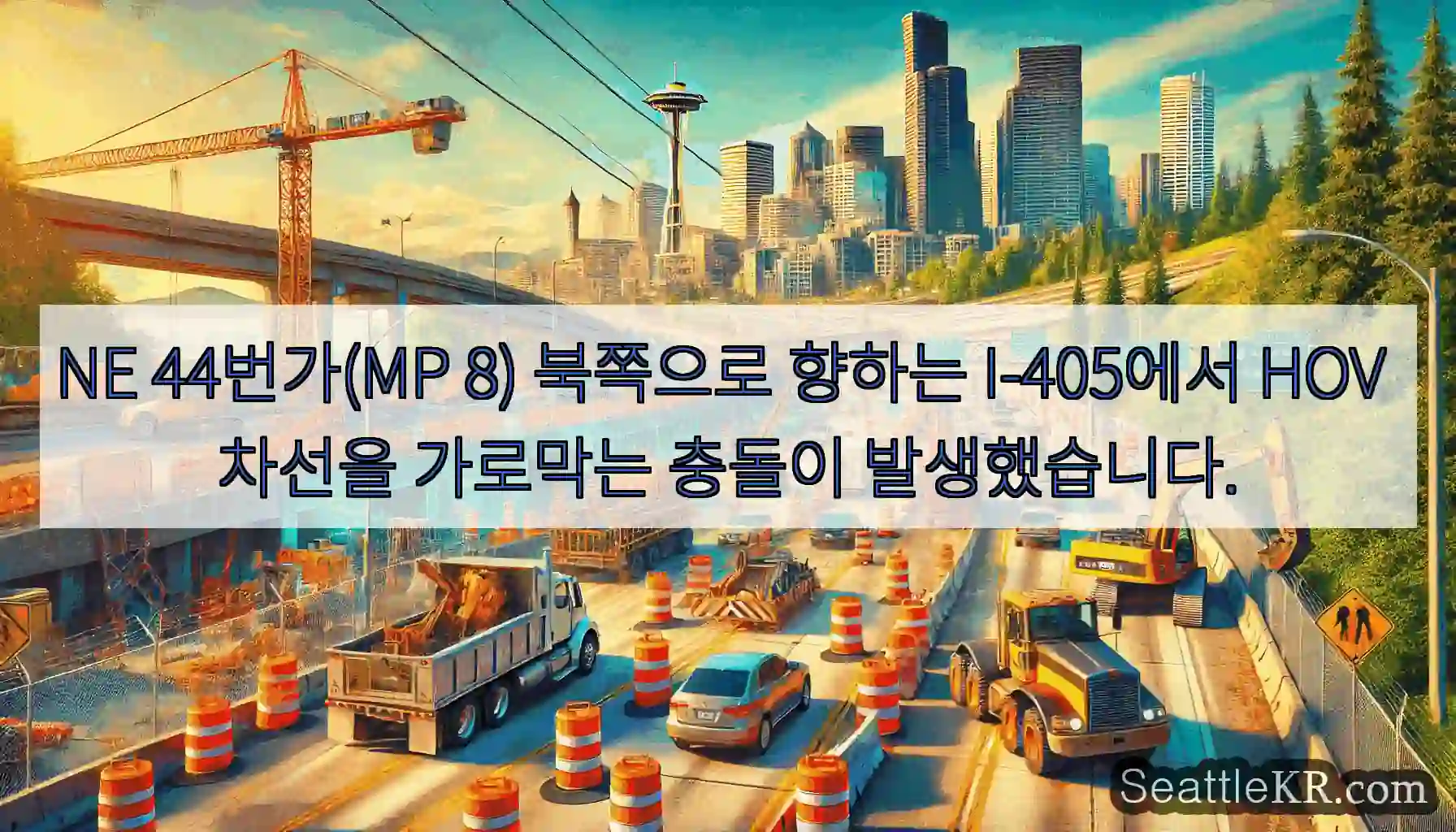 NE 44번가(MP 8) 북쪽으로 향하는 I-405에서 HOV 차선을 가로막는 충돌이