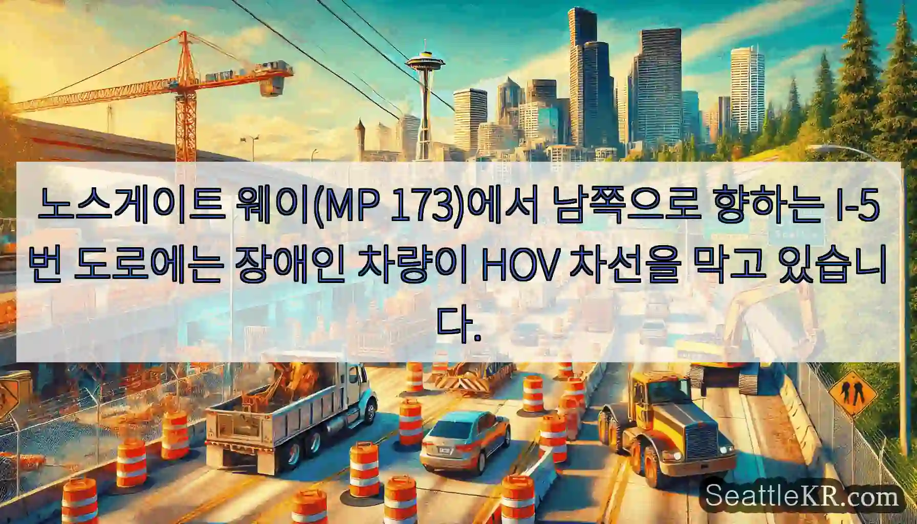 노스게이트 웨이(MP 173)에서 남쪽으로 향하는 I-5번 도로에는 장애인 차량이 HOV