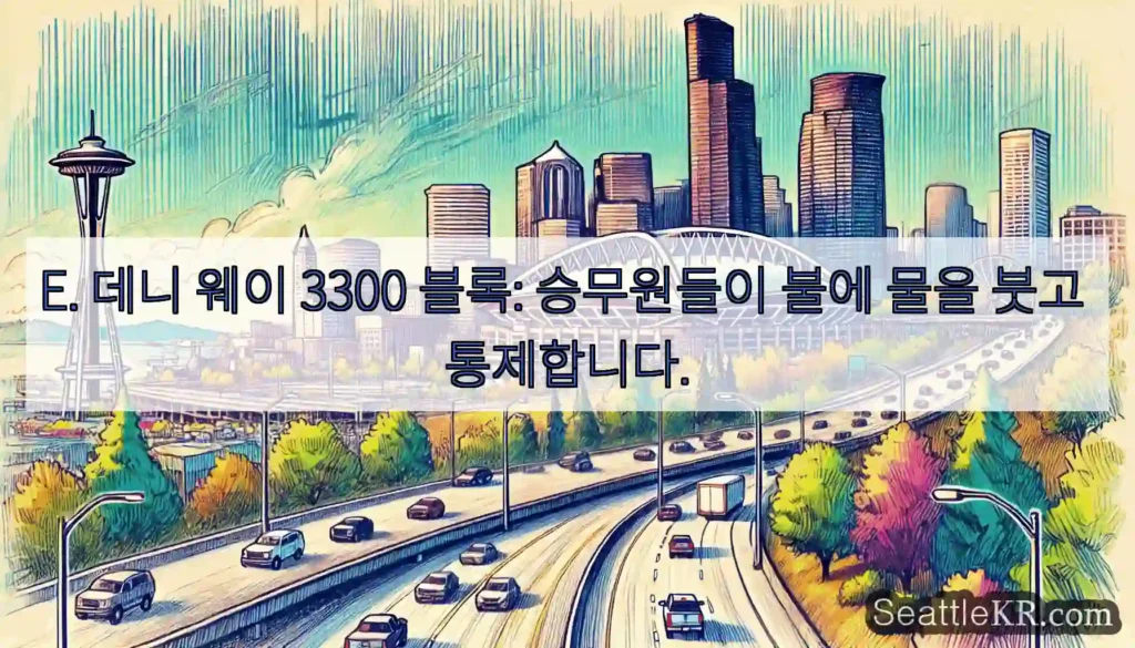 E. 데니 웨이 3300 블록: 승무원들이 불에 물을 붓고 통제합니다.