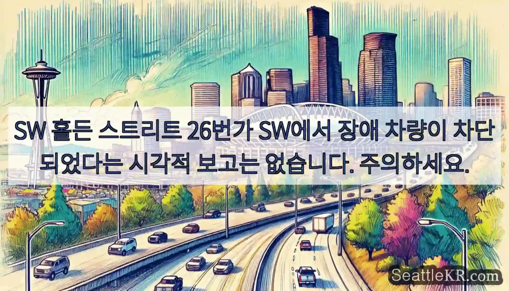 SW 홀든 스트리트 26번가 SW에서 장애 차량이 차단되었다는 시각적 보고는 없습니다.
