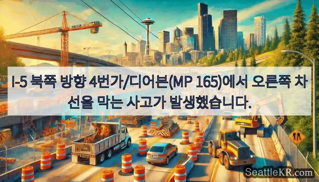 I-5 북쪽 방향 4번가/디어본(MP 165)에서 오른쪽 차선을 막는 사고가 발생했습니다.