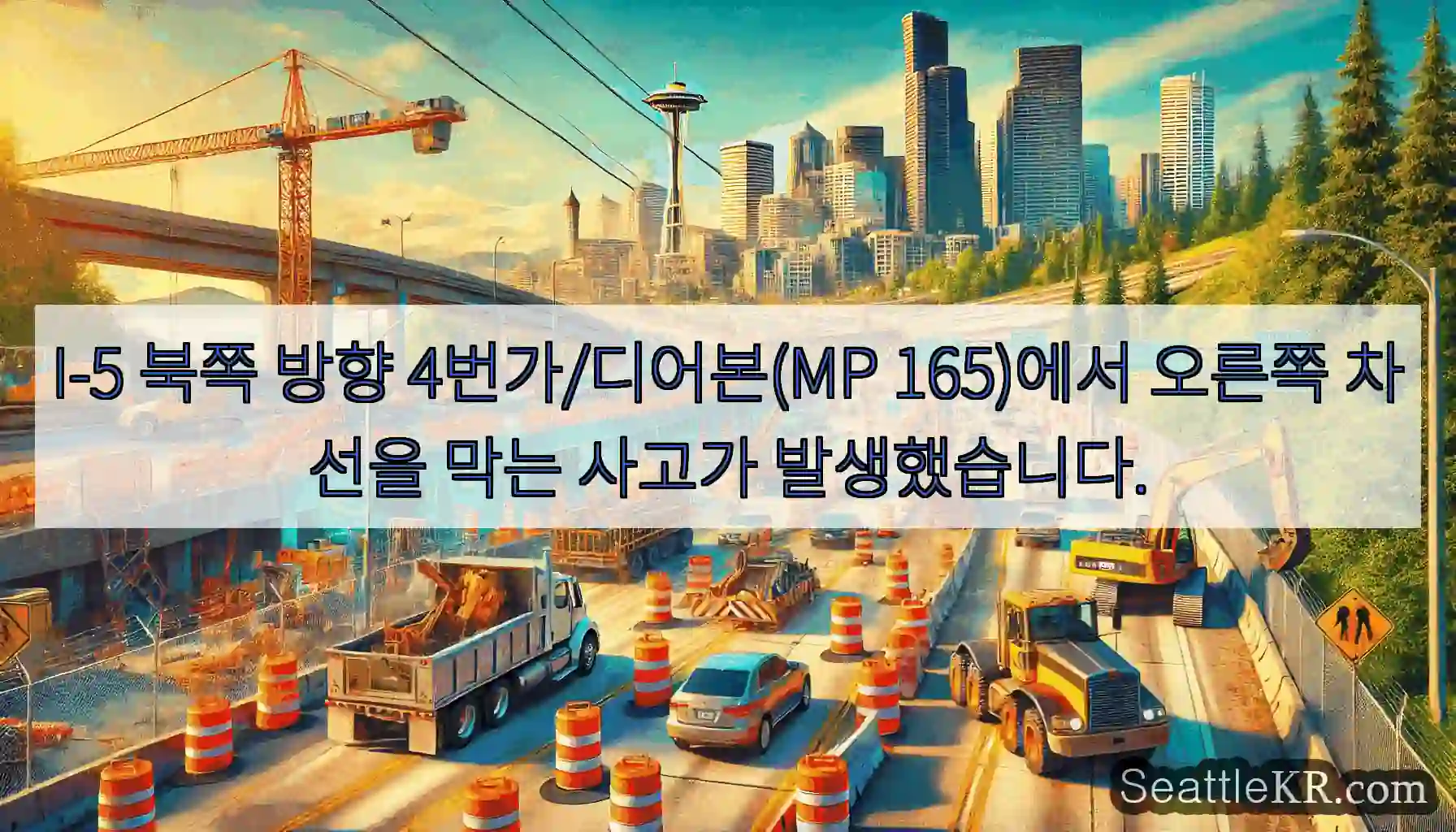 I-5 북쪽 방향 4번가/디어본(MP 165)에서 오른쪽 차선을 막는 사고가 발생했습니다.
