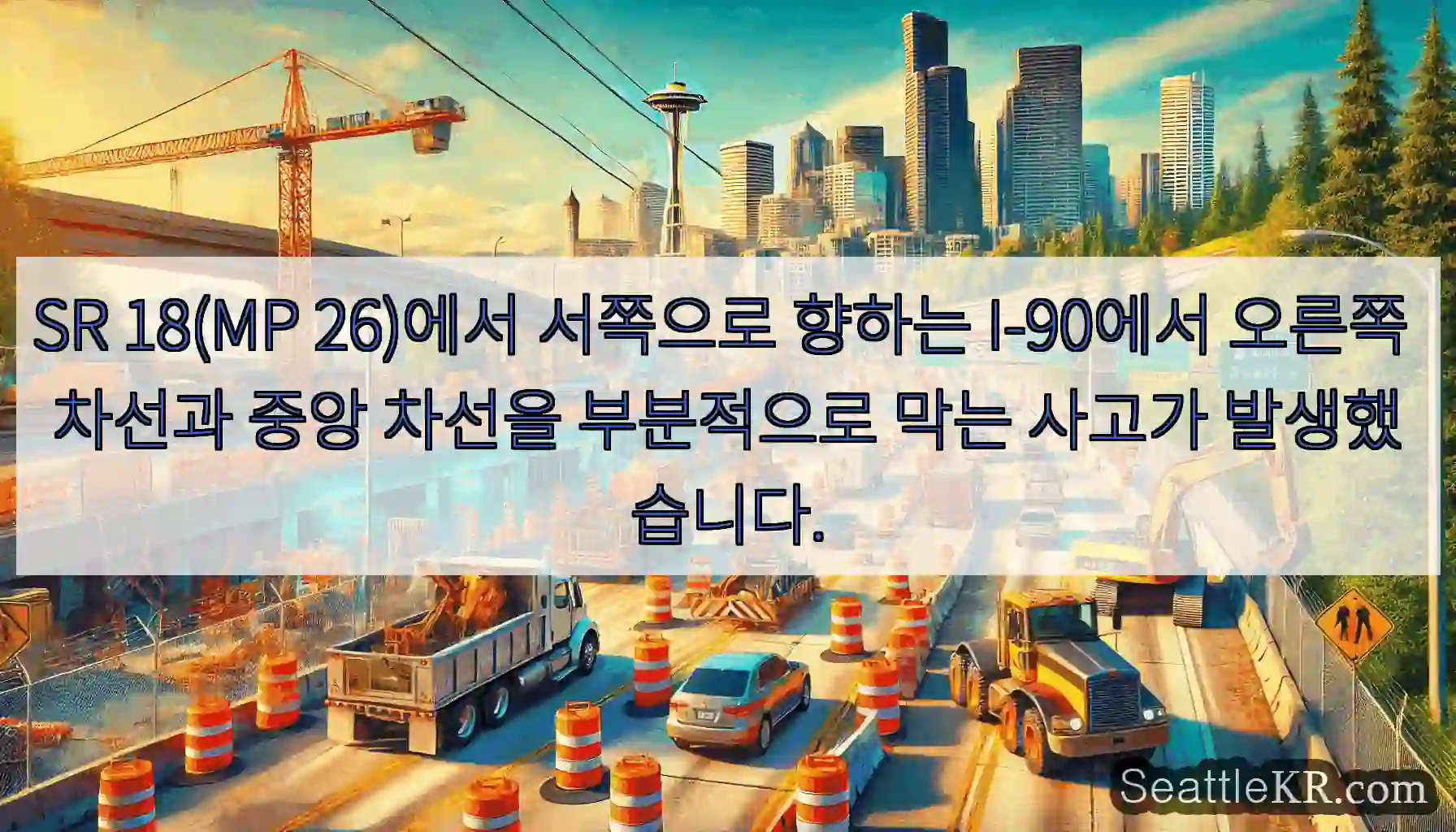 SR 18(MP 26)에서 서쪽으로 향하는 I-90에서 오른쪽 차선과 중앙 차선을