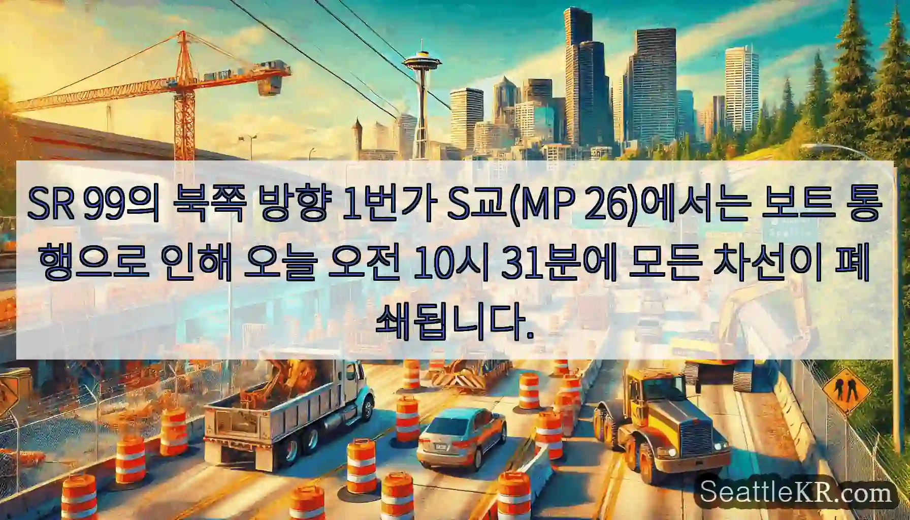 SR 99의 북쪽 방향 1번가 S교(MP 26)에서는 보트 통행으로 인해 오늘 오전