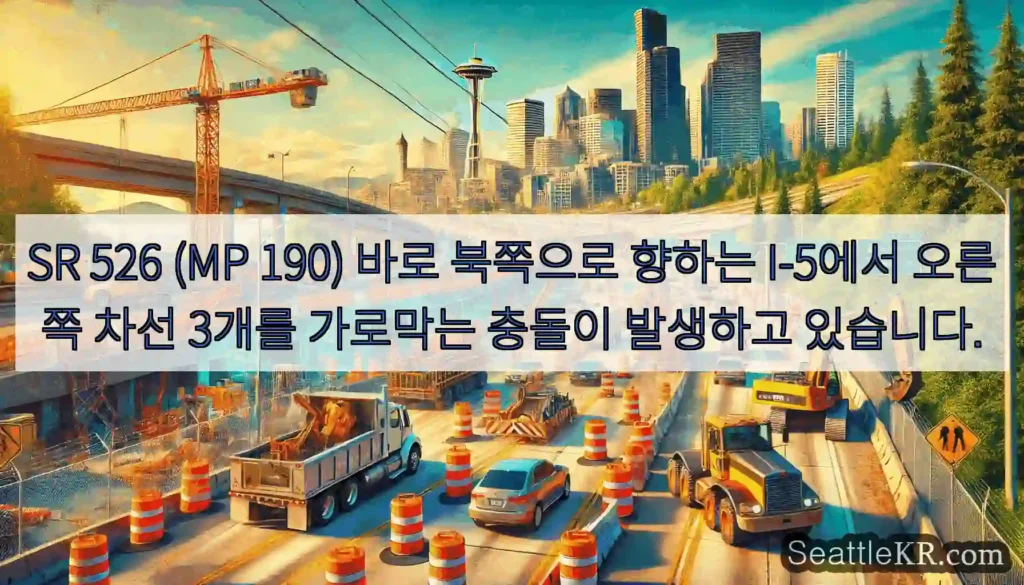 SR 526 (MP 190) 바로 북쪽으로 향하는 I-5에서 오른쪽 차선 3개를 가로막는