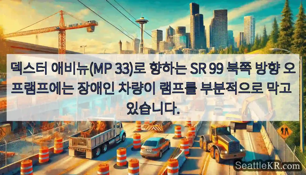 덱스터 애비뉴(MP 33)로 향하는 SR 99 북쪽 방향 오프램프에는 장애인 차량이