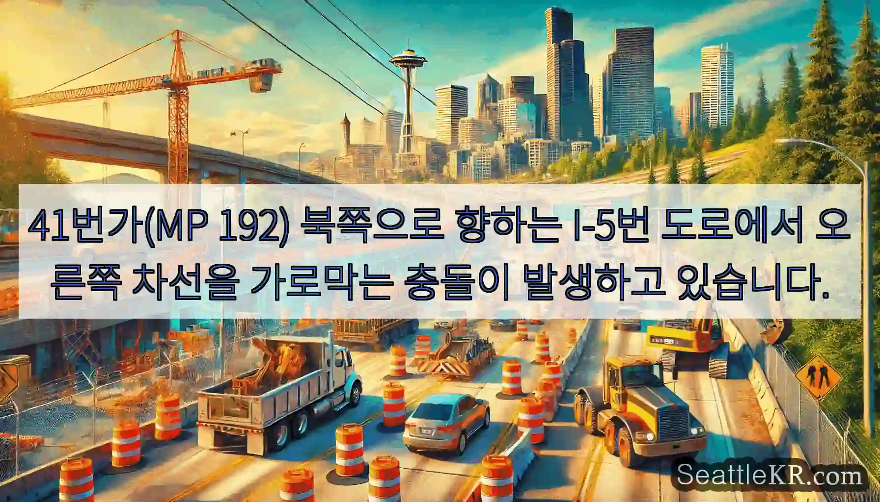 41번가(MP 192) 북쪽으로 향하는 I-5번 도로에서 오른쪽 차선을 가로막는 충돌이