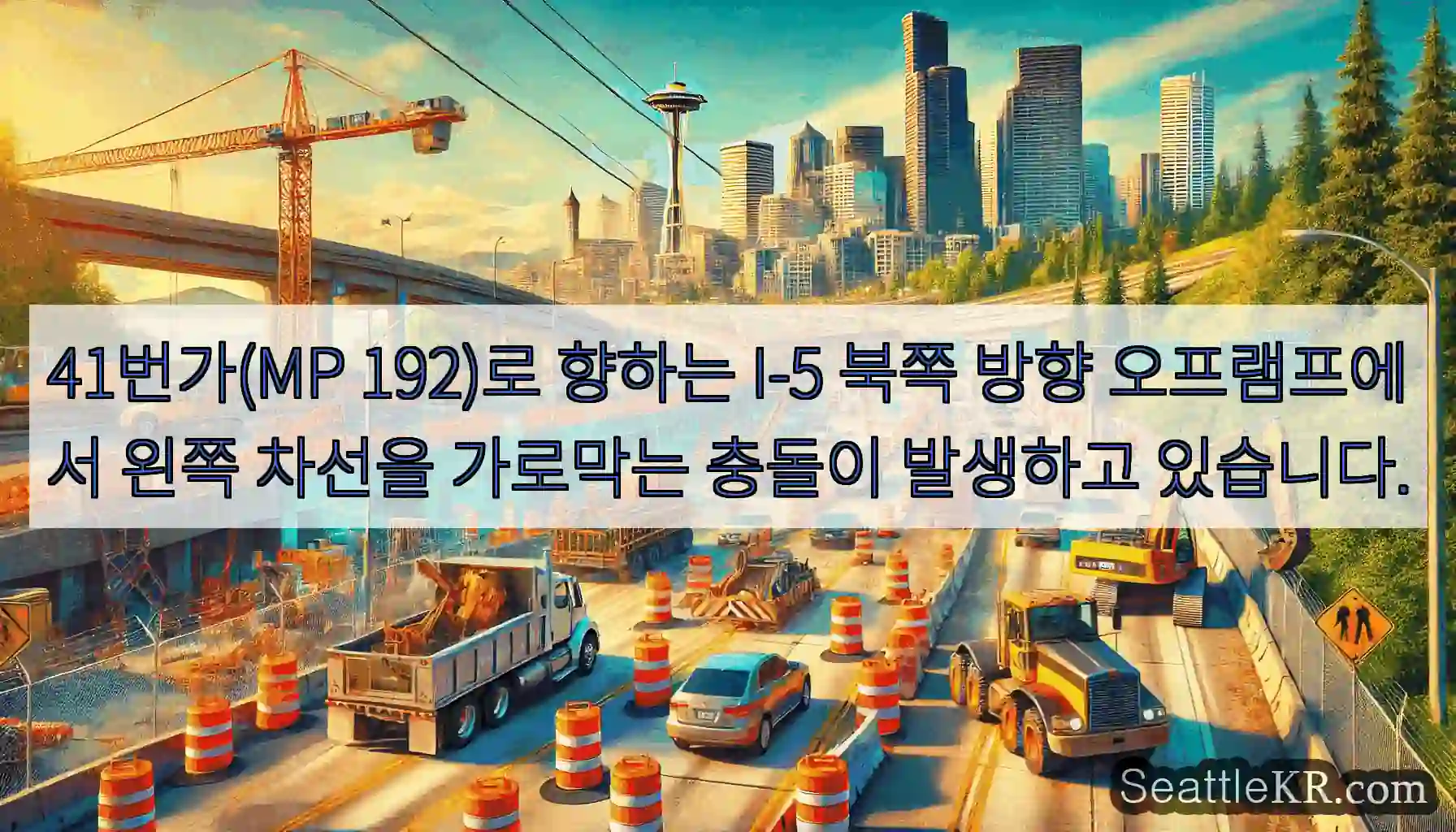 41번가(MP 192)로 향하는 I-5 북쪽 방향 오프램프에서 왼쪽 차선을 가로막는