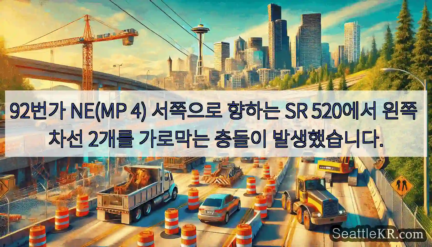 92번가 NE(MP 4) 서쪽으로 향하는 SR 520에서 왼쪽 차선 2개를 가로막는