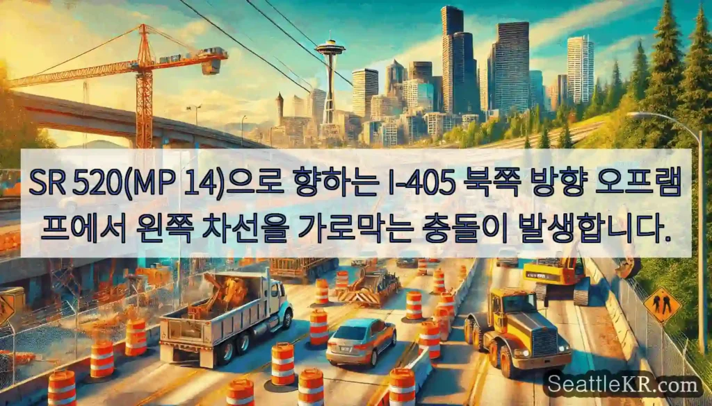 SR 520(MP 14)으로 향하는 I-405 북쪽 방향 오프램프에서 왼쪽 차선을