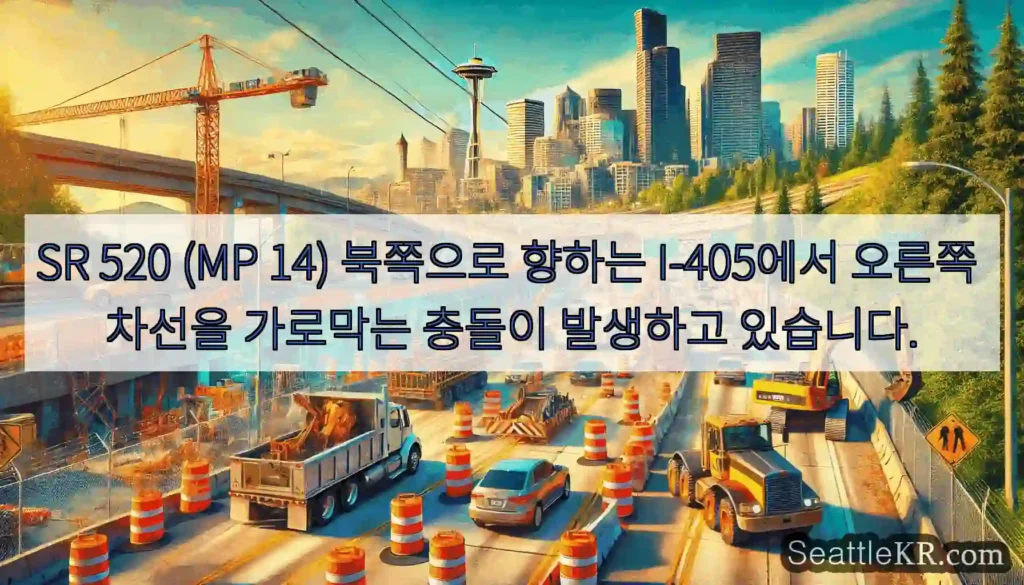 SR 520 (MP 14) 북쪽으로 향하는 I-405에서 오른쪽 차선을 가로막는 충돌이