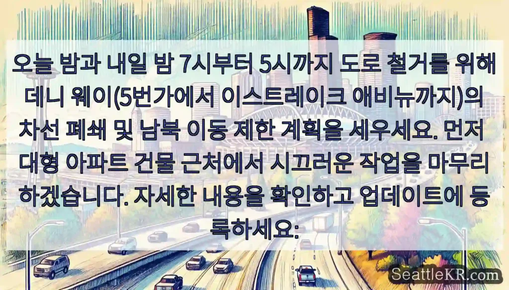 오늘 밤과 내일 밤 7시부터 5시까지 도로 철거를 위해 데니 웨이(5번가에서 이스트레이크