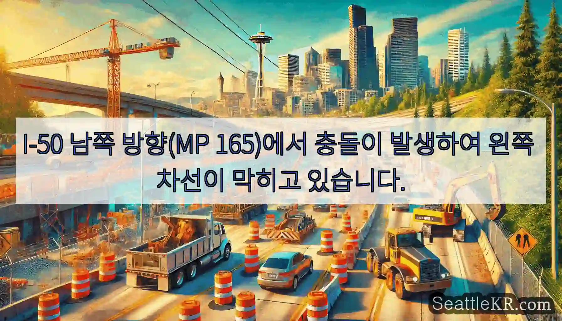 I-50 남쪽 방향(MP 165)에서 충돌이 발생하여 왼쪽 차선이 막히고 있습니다.
