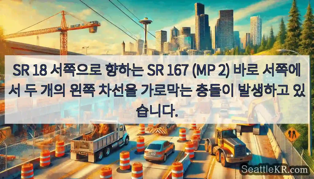 SR 18 서쪽으로 향하는 SR 167 (MP 2) 바로 서쪽에서 두 개의 왼쪽 차선을