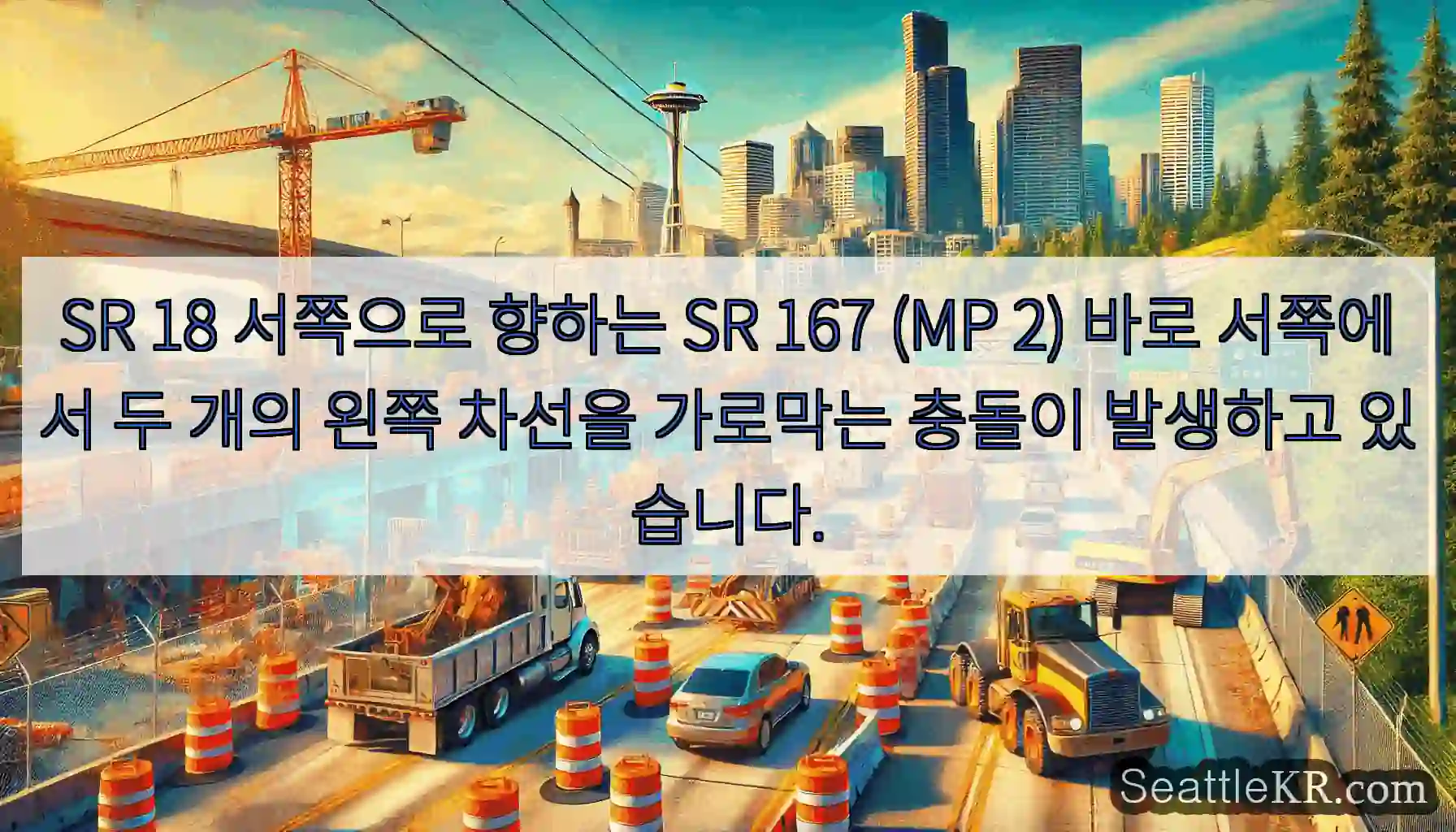 SR 18 서쪽으로 향하는 SR 167 (MP 2) 바로 서쪽에서 두 개의 왼쪽 차선을