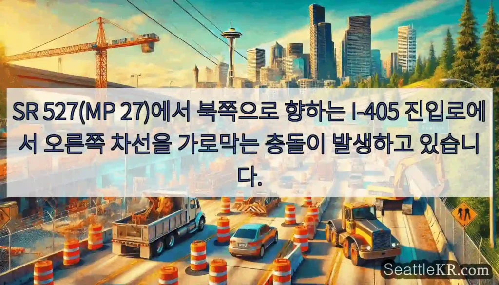 SR 527(MP 27)에서 북쪽으로 향하는 I-405 진입로에서 오른쪽 차선을 가로막는