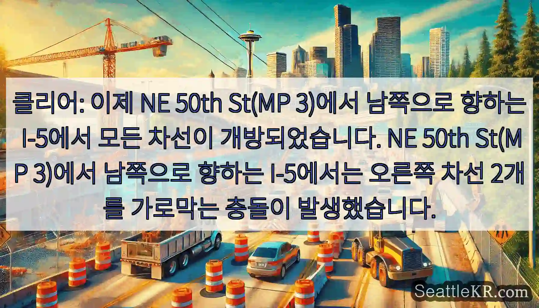 클리어: 이제 NE 50th St(MP 3)에서 남쪽으로 향하는 I-5에서 모든 차선이