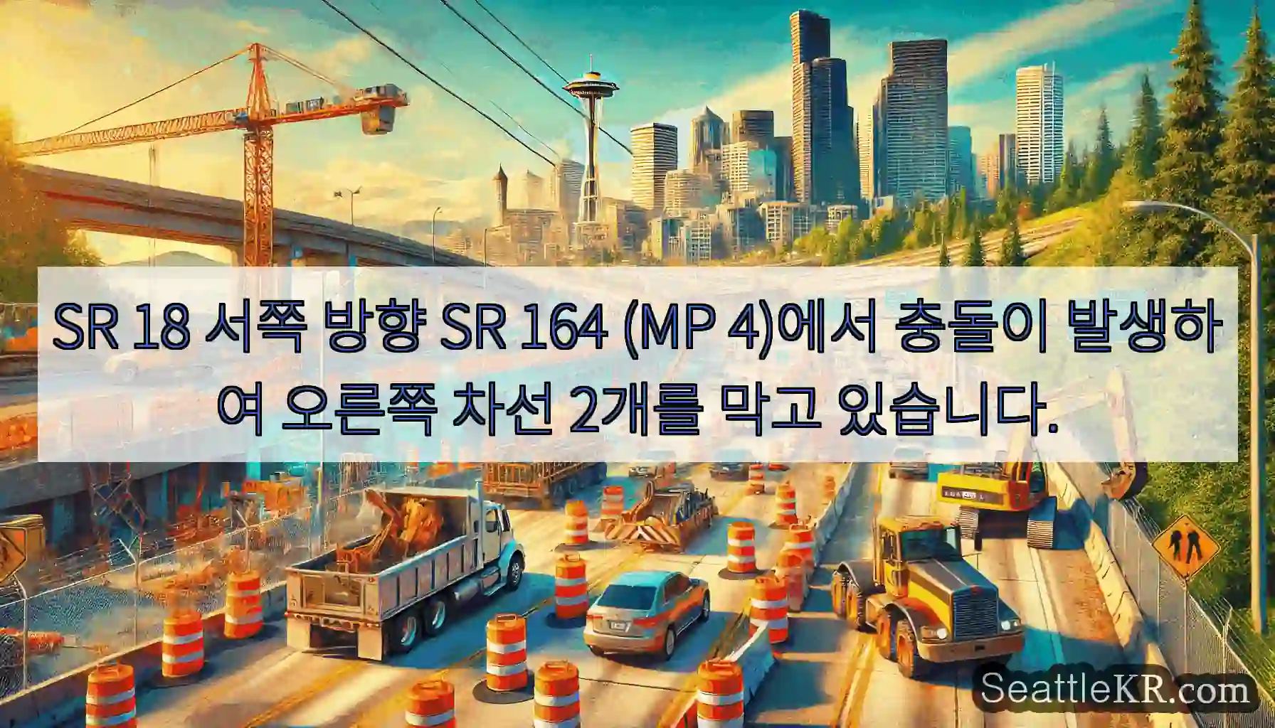 SR 18 서쪽 방향 SR 164 (MP 4)에서 충돌이 발생하여 오른쪽 차선 2개를
