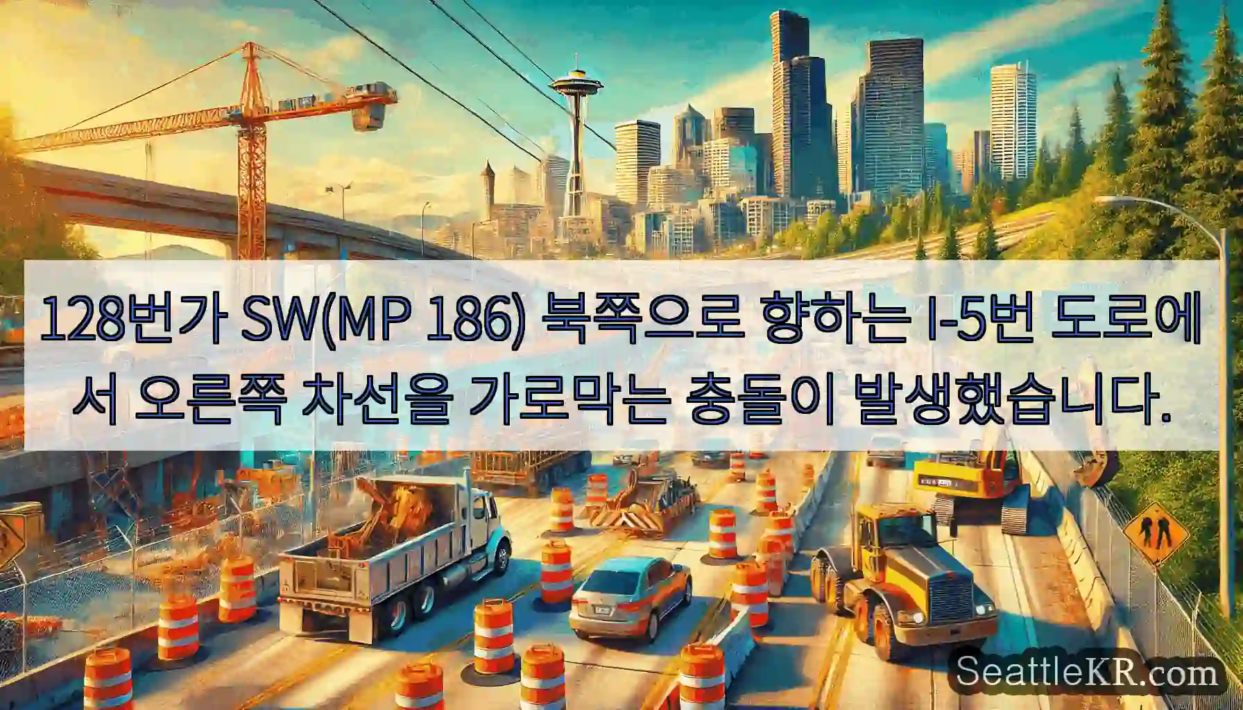128번가 SW(MP 186) 북쪽으로 향하는 I-5번 도로에서 오른쪽 차선을 가로막는