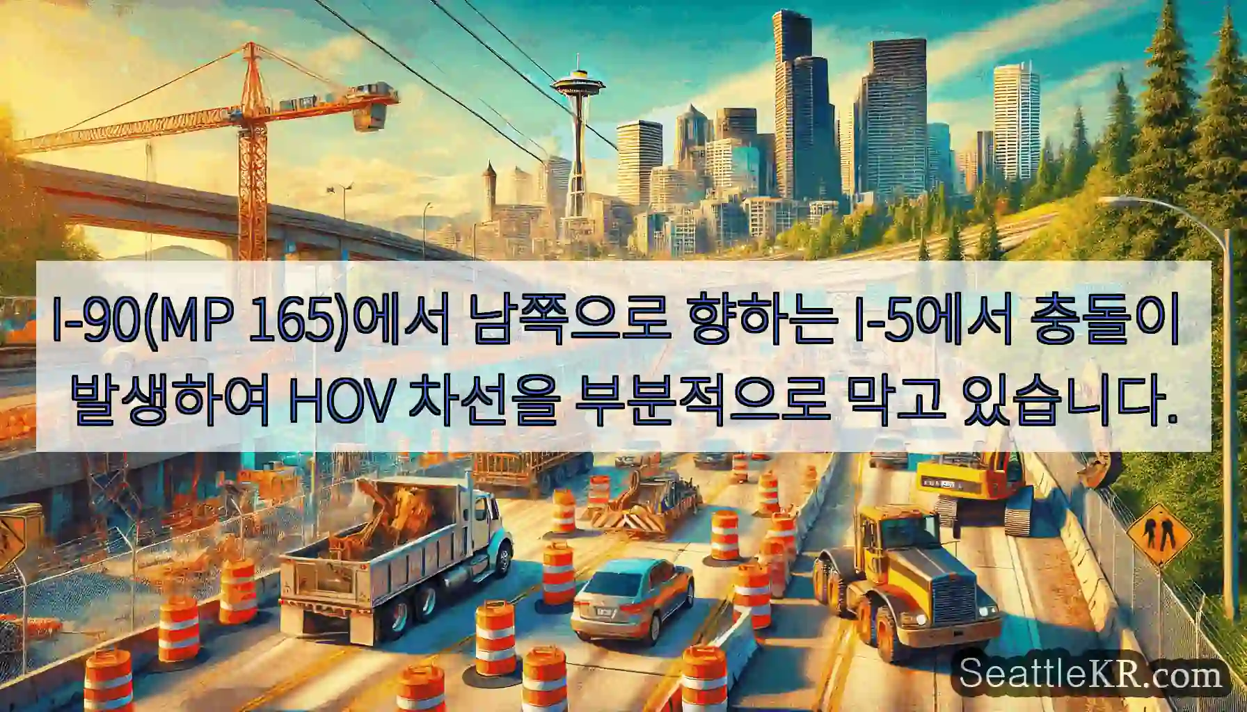 I-90(MP 165)에서 남쪽으로 향하는 I-5에서 충돌이 발생하여 HOV 차선을