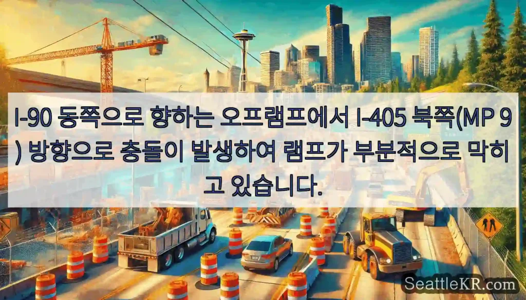 I-90 동쪽으로 향하는 오프램프에서 I-405 북쪽(MP 9) 방향으로 충돌이 발생하여